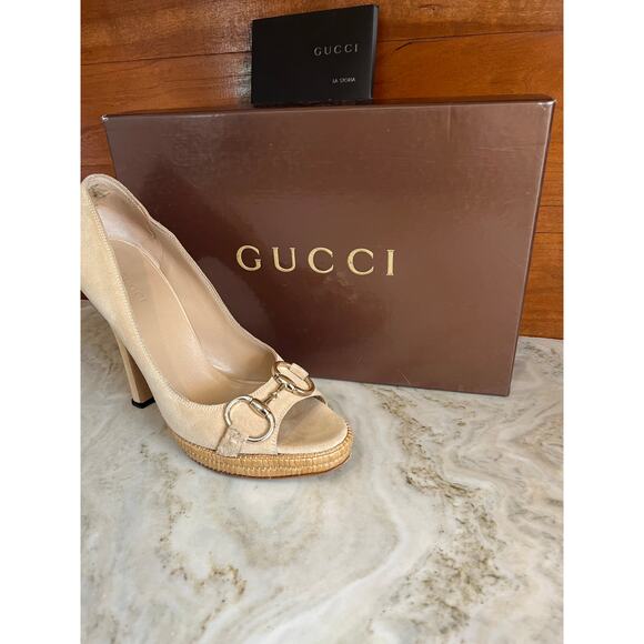 Gucci Suede Horsebit Platform Open toe Heels Pumps Sand 6.5 - Picture 9 of 15